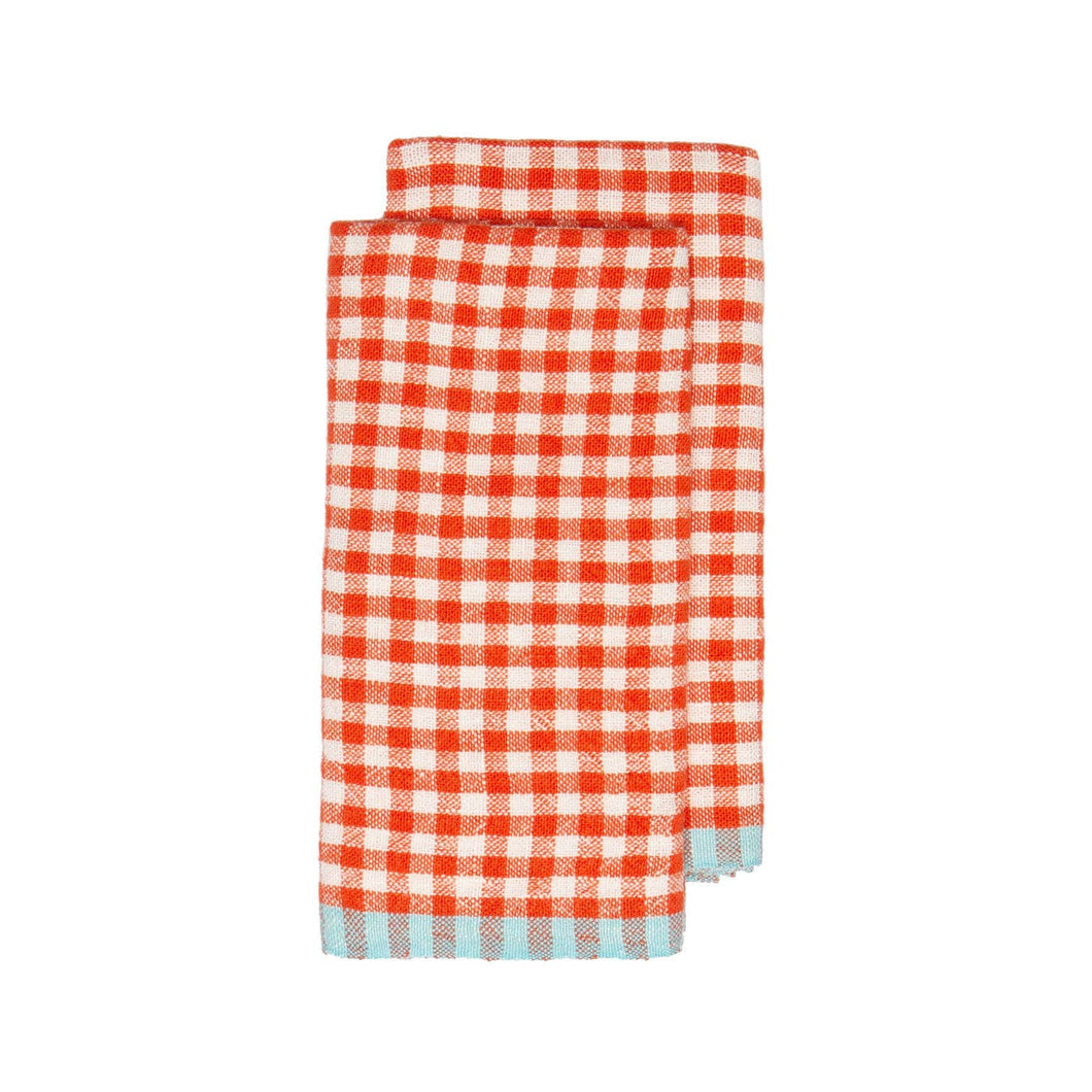 Two-Tone Gingham Kitchen Towels Orange & Aqua, Set of 2