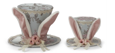 9.5 Inch Blue Floral Top Hat w/Bunny Ears