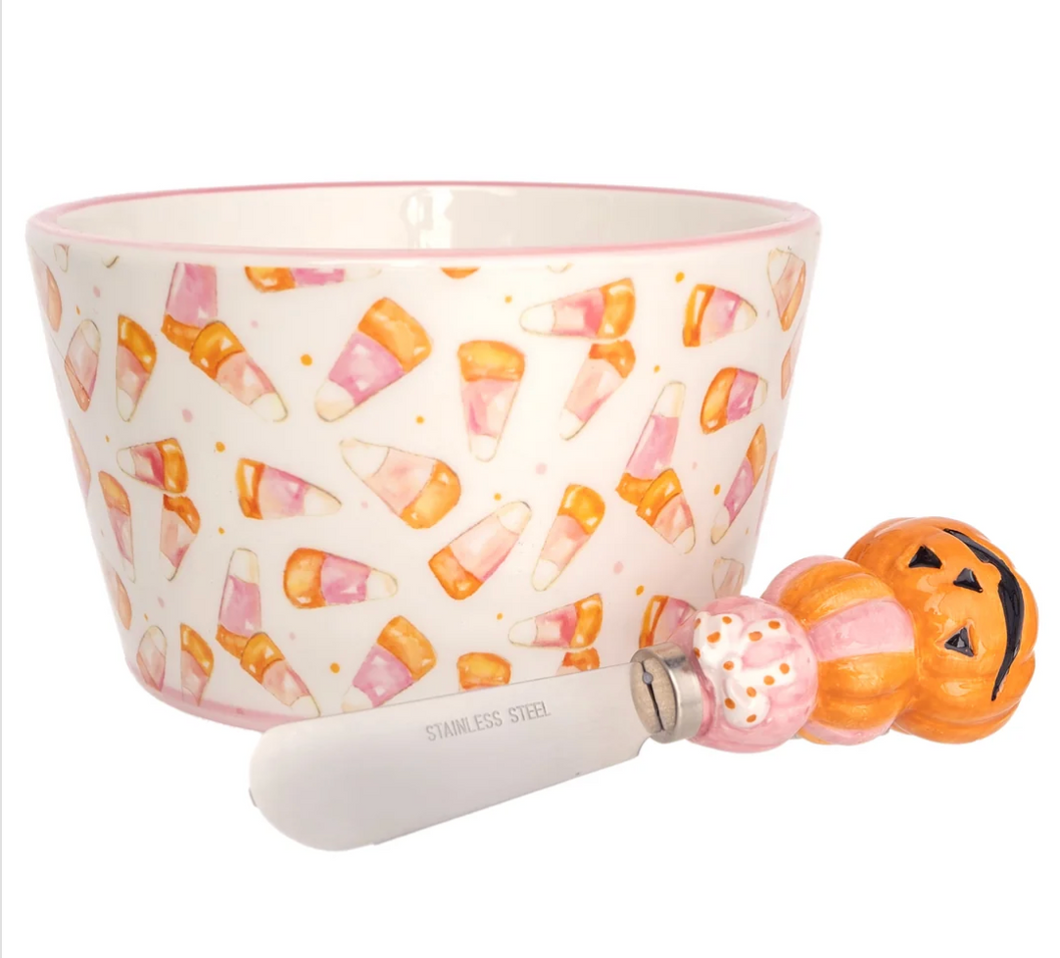 Pink Candy Corn Bowl and Spreader Set