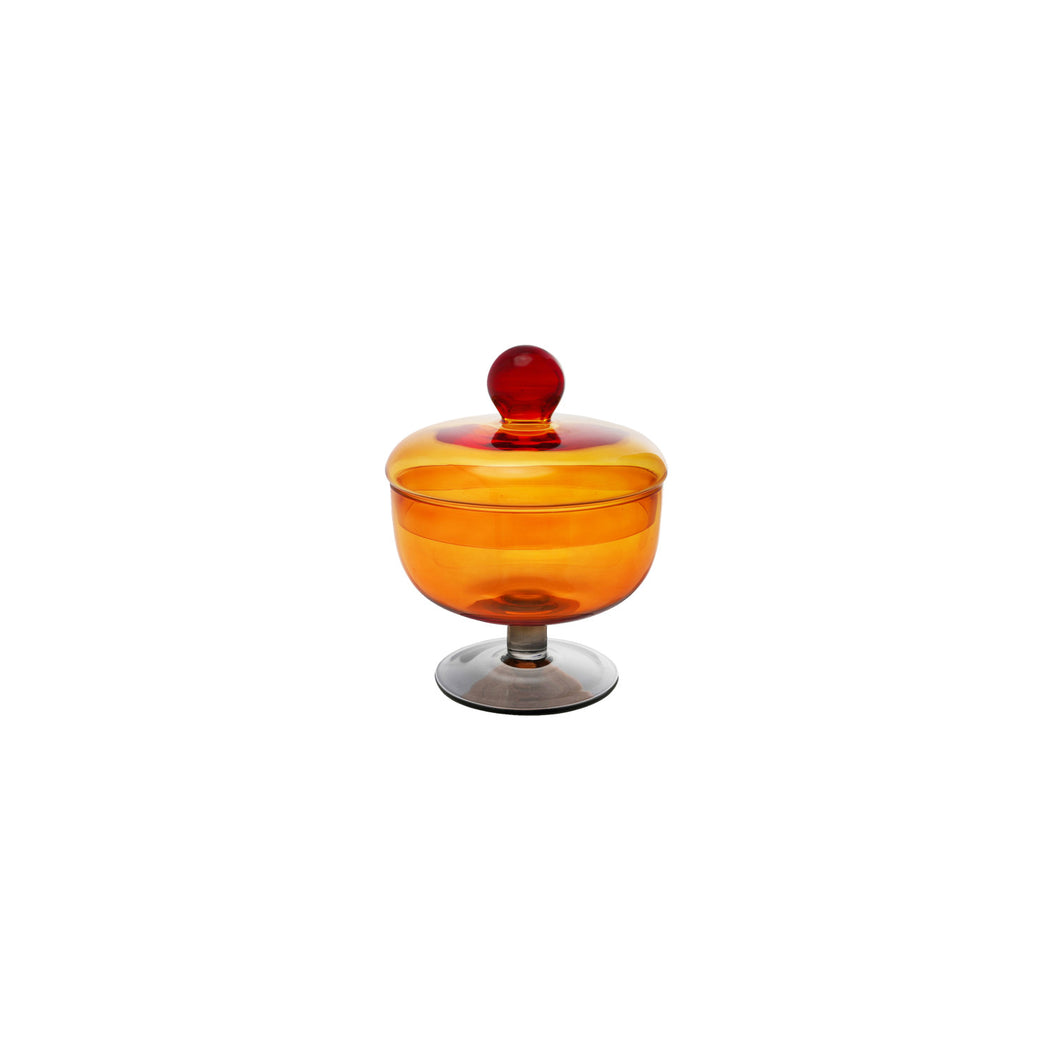 Glass Footed Jar with Lid, Amber & Green