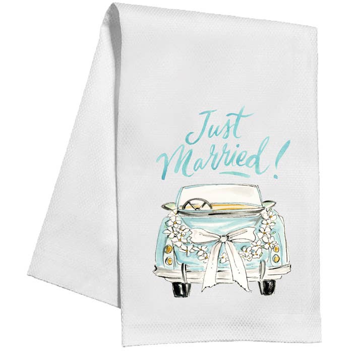 Just Married! Car, Bow, Flowers  Towel