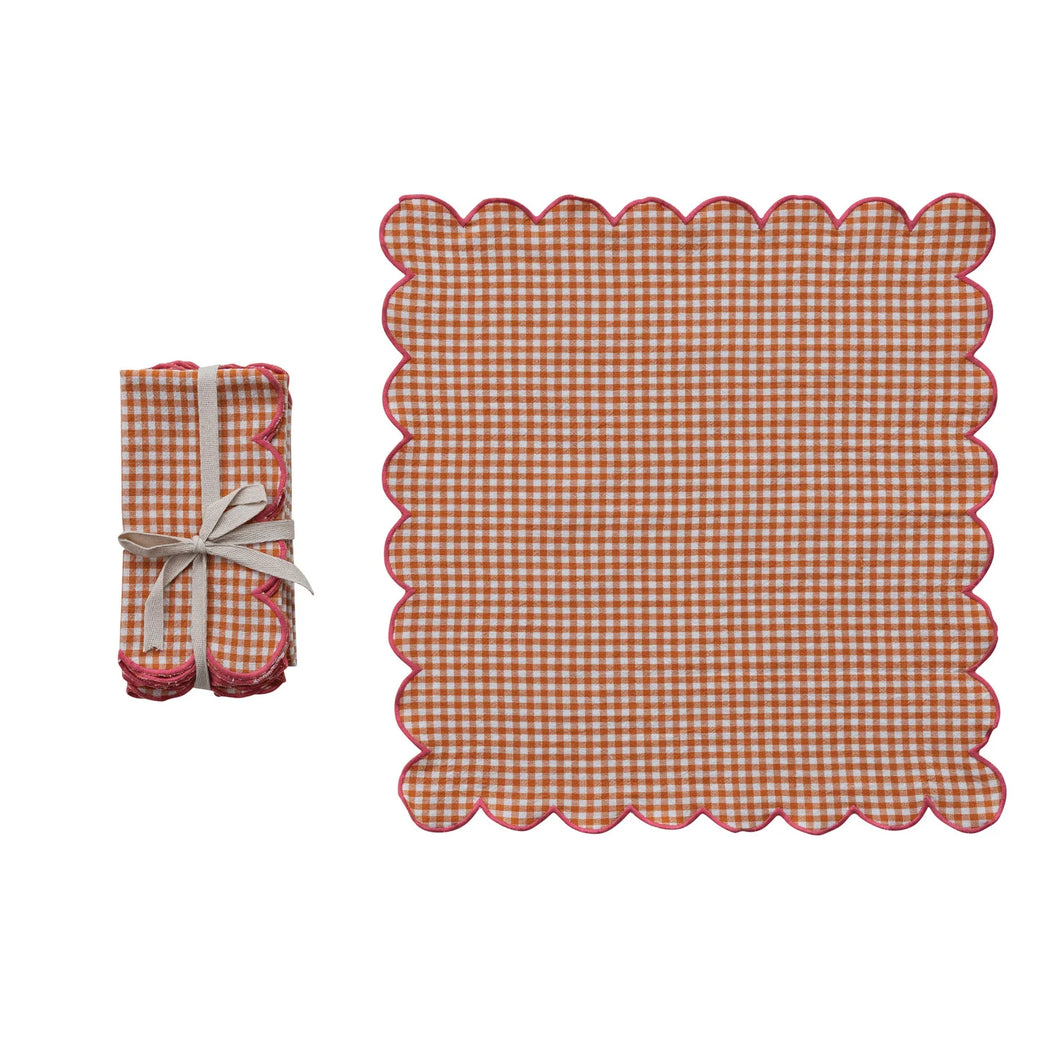 Cotton Scalloped Napkins W/ Stitched Edges and Check Pattern