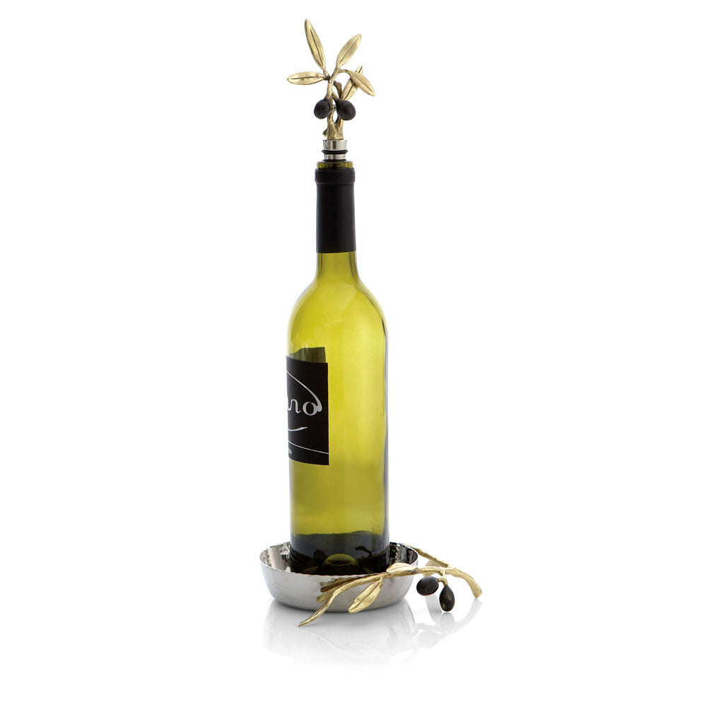 Olive Branch Gold Wine Coaster & Stopper Set